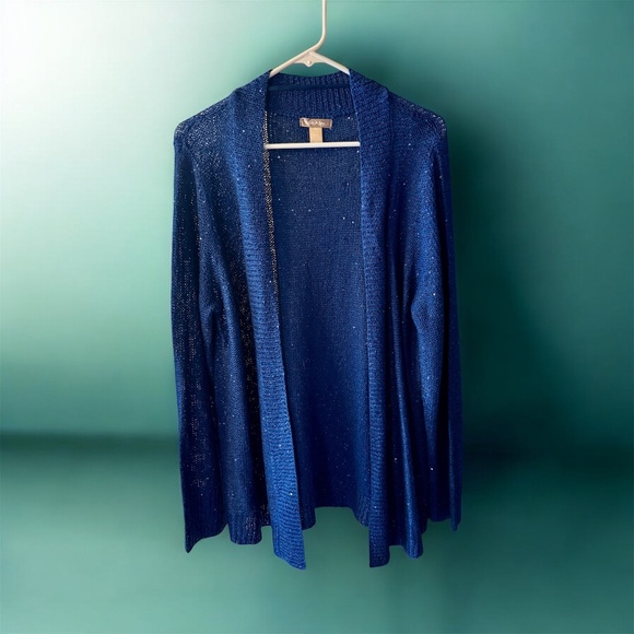 White Stag Blue Sparkly with Sequins Long Sleeved Open Duster Sweater Size Large - Picture 1 of 7